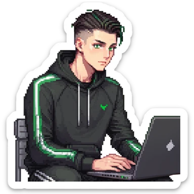 male with dark hair, high fade haircut, high slick back hairstyle, green eyes, wearing a black tracksuit, coding on black laptop sticker