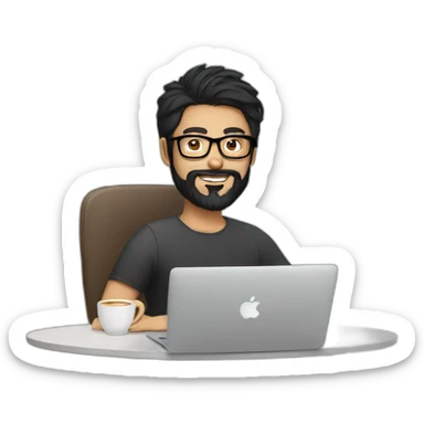 Designer with black hair, beard and glasses working with MacBook and drinking cappuccino  sticker