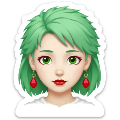 white furred unicorn with green hair and big red earrings looking into camera sticker