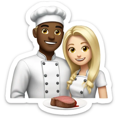 20 year old white Blonde couple eating steak girl with long hair in chef outfit  sticker