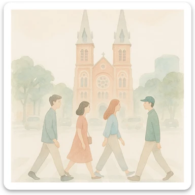 soft watercolor illustration in a minimalist modern style, a group of 4 people walking across a busy street, Saigon Notre Dame Cathedral in the background, pastel colors, delicate linework, gentle whimsical mood, minimal soft shading sticker