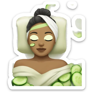 A girl’s face with a green relaxing spa mask on, her eyes closed, with a peaceful and serene expression. Her hair is tied back with a towel wrap, and there are small details of cucumber slices placed over her eyes. sticker