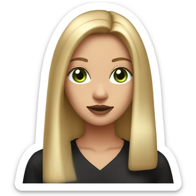 Long, straight blonde hair, parted down the middle, girl, wearing black satin shirt, light tan glowy skin, green eyes and rosy cheeks with light mauve lipstick sticker