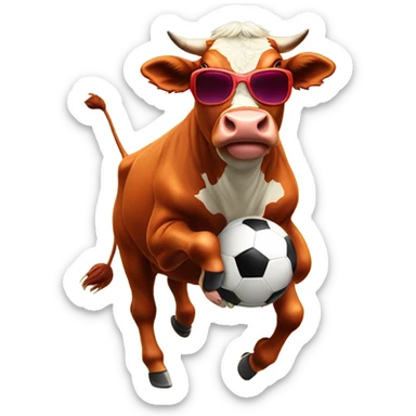 A red cow wearing goggles and kicking a football sticker