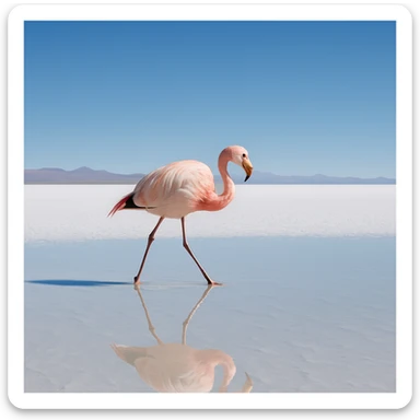 flamingo walking on the Uyuni salt lake, reflection in salt water, natural mystery and peacefulness sticker