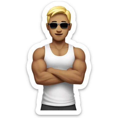 asian personal trainer short golden hair white vest man flexing bicep sunglasses sticker