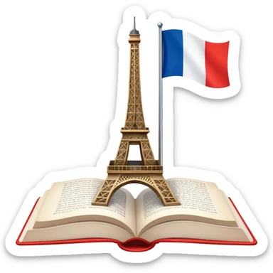 An icon featuring the Eiffel Tower and the flag of France, symbolizing the French language. The design includes an open book with French text, representing language learning and French culture. Transparent background highlights the elegance of the French-speaking world. sticker
