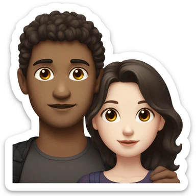 A dark brown haired girl with hazel eyes and pale skin and a poofy super dark-haired boy with brown eyes and pale skin cuddling sticker