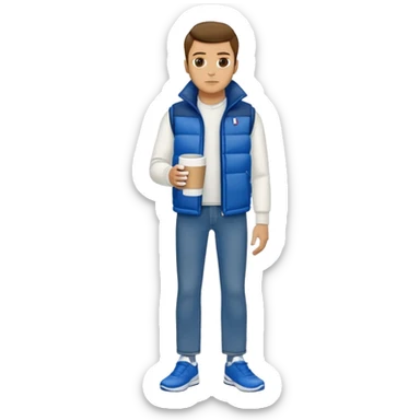 full body man with long sleeve white shirt with blue puffer winter vest with no pockets wearing straight levi blue jeans with no cuffs and black tennis shoes holding a coffee mug in one hand in front of him and nothing in the other hand sticker