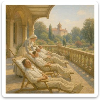 historic hospital terrace overlooking a garden, convalescent patients sunbathing, nurse adjusting pillows, atmosphere of healing and wellness, soft colors, natural light, 4K quality sticker