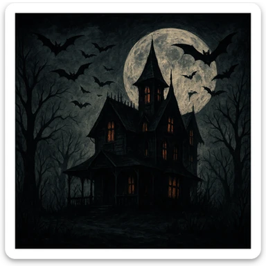 creepy banner, haunted house at night, full moon, bats, dark color palette, horror illustration style sticker