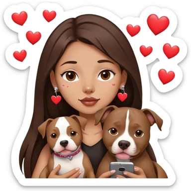 Young girl with long dark brown layered hair hair sits with her one dog who is a pretty girl pitbull with her cell phone in her hand in a small septum ring in her nose was hearts flying all around her sticker