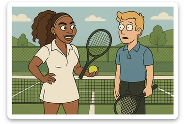 Serena Williams white shirt dress tennis racket one ball tennis a man dark yellow hair blue shirt black trousers tennis racket tennis court background  sticker