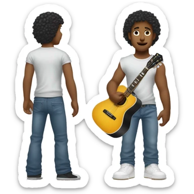 can you generate a tanned tall boy holding the red van hallel guitar. The boy must have green eyes and short curly hair please. Could he be wearing the nike jordan Travis Scott shoes. Also wearing blue jeans and a plain t shirt. sticker