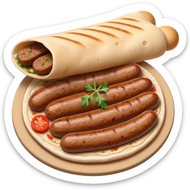 Cevapi Cinematic Realistic Cevapi Dish Emoji, depicted as modest, short, skinless sausages served with traditional flat bread, rendered with realistic textures and rustic, inviting lighting. sticker