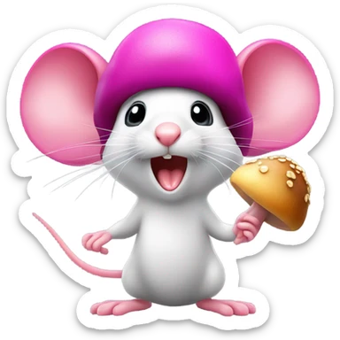 A hot pink mouse with long eyelash extensions is opening his mouth very wide to try to eat the cap of a mushroom that he is holding by the stem in his paws sticker