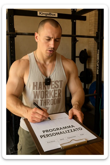 Uomo che crea un programma personalizzato per un suo cliente, sullo streetlifting, tutto in italiano sticker