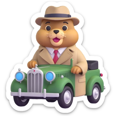 3D emoji style beaver leaning against a vintage car, wearing a trench coat and hat, gangster attitude sticker