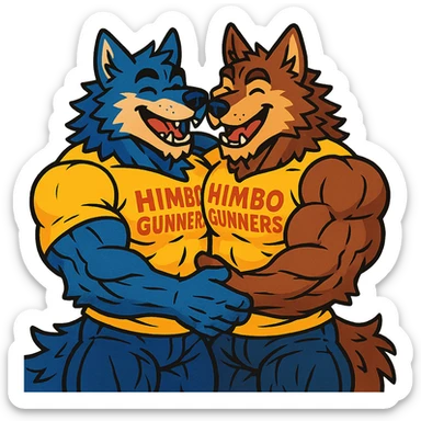 two extremely muscular wolf furries with exaggerated and highly detailed muscles, wearing t-shirts that say 'Himbo gunners', hugging each other, friendly and joyful expressions, very detailed fur and anatomy, ultra high quality sticker