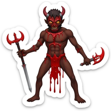 A demon covered in blood and guts whose been shot in the head and body, in the style of your bleeding skull art. Dark gritty and menacing art style. full body sticker