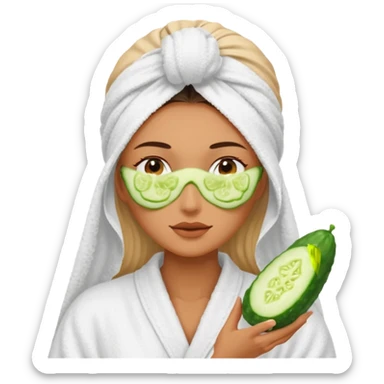 woman at the spa with cucumbers slices covering her eyes and tan skin tone with towel completely covering hair and robe on sticker