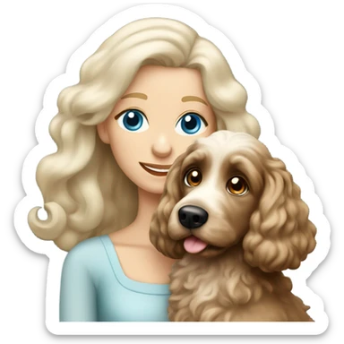 blue eyed very old long haired blonde lady with dark brown Cockapoo puppy dog sticker