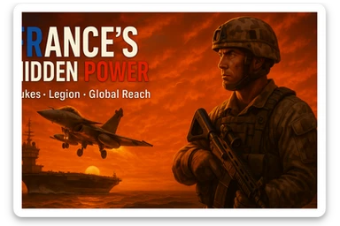 Reformat the image for a YouTube video thumbnail with a 16:9 aspect ratio. Include a bold and readable tricolor headline 'FRANCE’S HIDDEN POWER' and clear subtext 'Nukes • Legion • Global Reach'. Ensure an epic sunset scene with a Rafale jet taking off from a French carrier, and a Foreign Legion soldier in desert camo holding an advanced rifle in the foreground. The style should be cinematic, high contrast, vibrant colors, optimized for YouTube thumbnail visibility. sticker