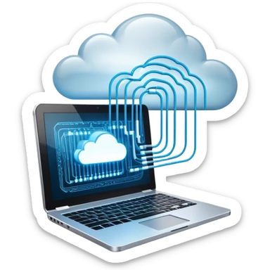 An icon featuring a glowing laptop, cloud network, and flowing binary code, symbolizing information technology. The design includes data servers, a circuit pattern, and digital connections, representing software, networking, and innovation. Transparent background  sticker
