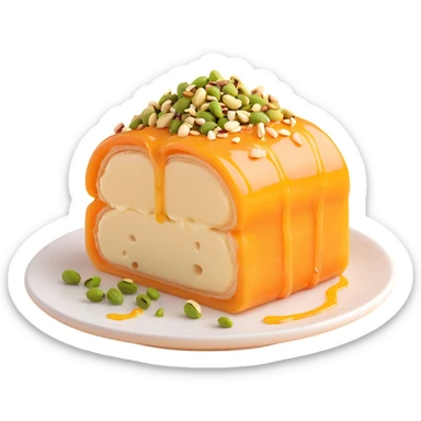 Halawet el Jibn sweet cheese roll dessert, sliced to show creamy center, garnished with crushed pistachios and syrup sticker