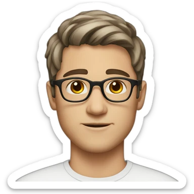 young white man, dark hair, brown eyes, rounded glasses sticker