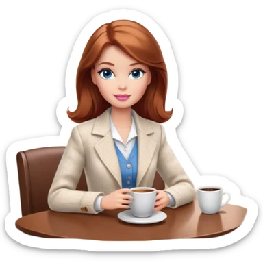 A Barbie girl with blue eyes, shoulder-length reddish-brown hair, made-up, wearing a white tweed jacket and a beige skirt, is sitting at a table with a cup of coffee in her hands sticker
