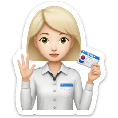 A Korean short-haired female tour guide is wearing a white shirt, holding her Korean tour guide license in her left hand, which is a horizontal card. sticker