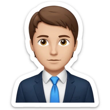 un homme type caucasien brun avec des jolies traits avec une chemise blanche et une veste a manche longues et cravate bleu il a les yeux marron sticker