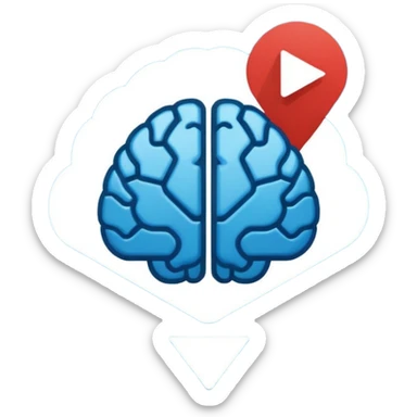 Minimalist flat icon design, brain silhouette with YouTube play button triangle integrated inside, clean vector style, single color or gradient, simple lines, professional logo style, white background, centered composition sticker