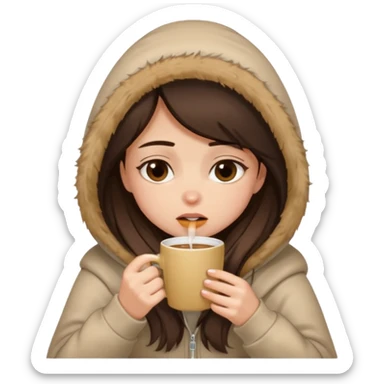 a brunette girl sitting cozily in a beige fur hoodie sipping coffee while crying sticker