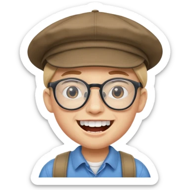 schoolboy with big front teeth, wearing a cap and glasses sticker