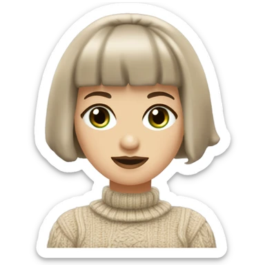 A Romanian woman with a short bob haircut featuring bangs and green eyes, wearing an elegant, light beige color straight-fit chunky knit dress with a twist pattern. She completes her look with black heels and dark brown shimmering stockings. sticker