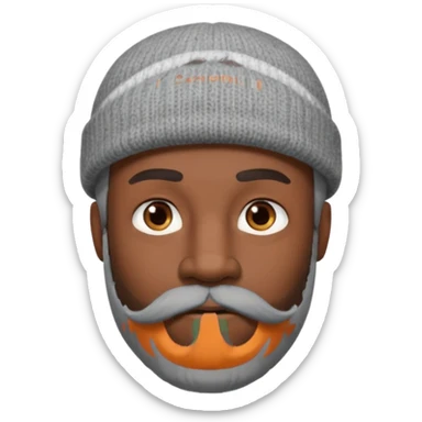 A dark-skinned man with a gray beanie, brown eyes, and a gray mustache and beard, wearing a calm expression. sticker