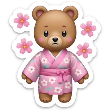 A cute light-brown bear wearing a pastel pink sakura-patterned kimono, normal balanced body ratio.  
Tilting head slightly with a confused face, a big floating question mark above the head.  
Kawaii emoji style, minimalistic clean sticker illustration, white background. sticker