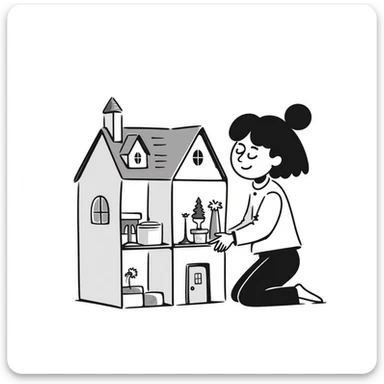 smiling girl arranging furniture in doll house sticker
