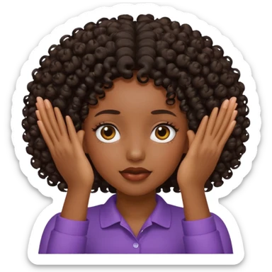 A black girl with curly hair put two hands in front of her face sticker