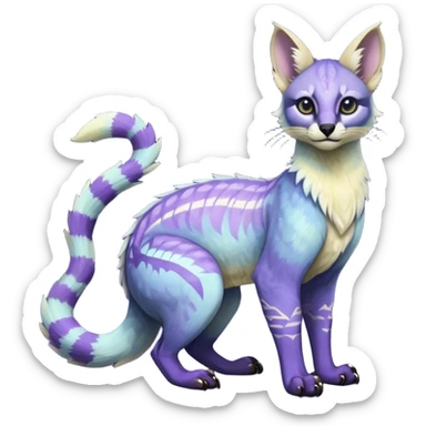 banana-cream-colored, tropical tribal glorious iridescent divine exotic cute cool beautiful beautiful fantasy-caracal-civet-genet-sergal-vernid-Gryphon-Cacomistle-Trico-oncilla-animal-Fakémon-hybrid-fursona (full body) with light slight indigo-violet-gradients accents  sticker