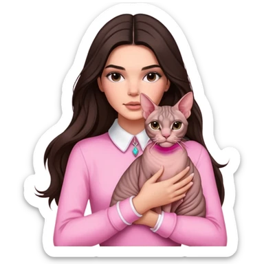 brunette Kendall Jenner with long hair holding on the hands a Sphynx cat wear on pink collar sticker