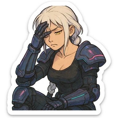  she is wearing armor, maximum power , facepalm smh, a closeup portrait of young woman with gold yellow eyes, white hair, long braid, black off-shoulder top d-cup, punk gothic style, futuristic cyberwave cyberpunk, sitting position sticker