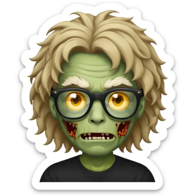 Crie um zumbi estilo emoji do iPhone com cabelo ondulado grande masculino com camiseta preta e óculos de grau preto sticker