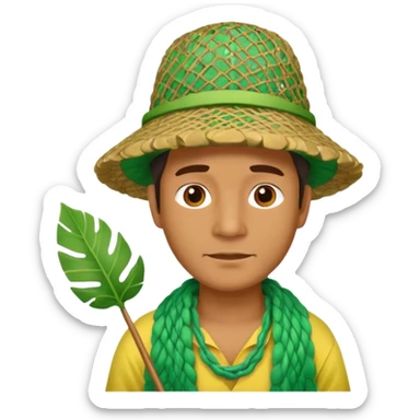 Hawaiian man with colorful cloth and leaf hat green and fishing net sticker