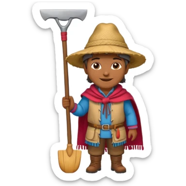 3D emoji style illustration of a Peruvian Andean farmer, wearing traditional chullo hat and poncho, holding a hoe, smiling, mountains in background, bright natural colors, bold outlines, glossy sticker style, transparent background sticker