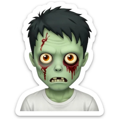 Rosto de frente classico de zombie boca meio torta cabelos medios pretos bagunçados low fade com pele verde clara camiseta branca sticker