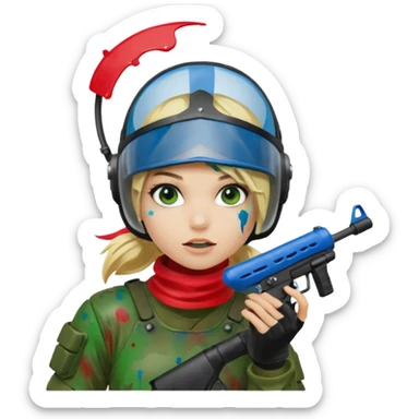 blond girl playing paintball with red paintball helmet, only face sticker