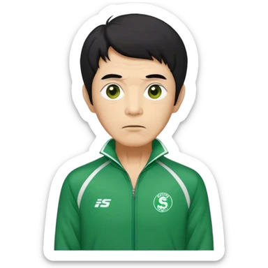 Seong Gi-hun : age 70, skinny and bony face, very small mouth, thick eyebrows deep eyes, unkempt black hair , Green player tracksuit. sticker